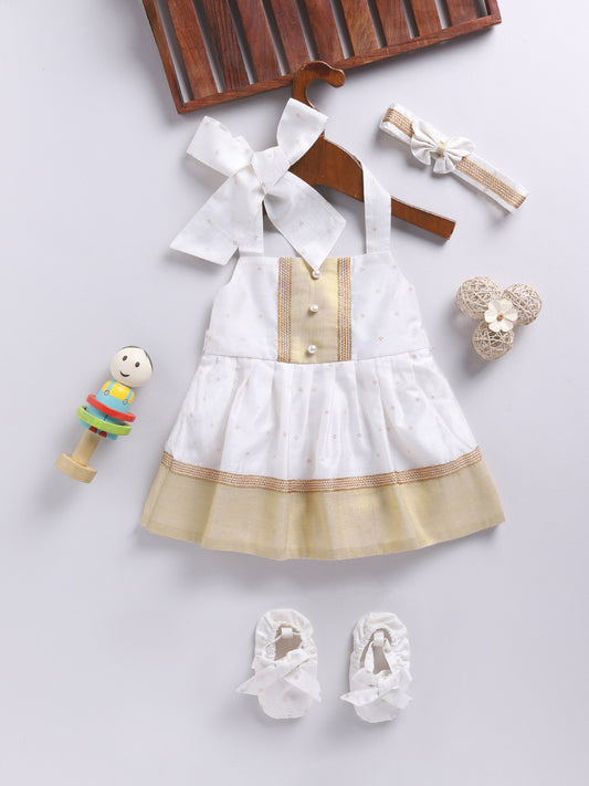 White Chanderi Onam Wear Girls Co-Ord Set