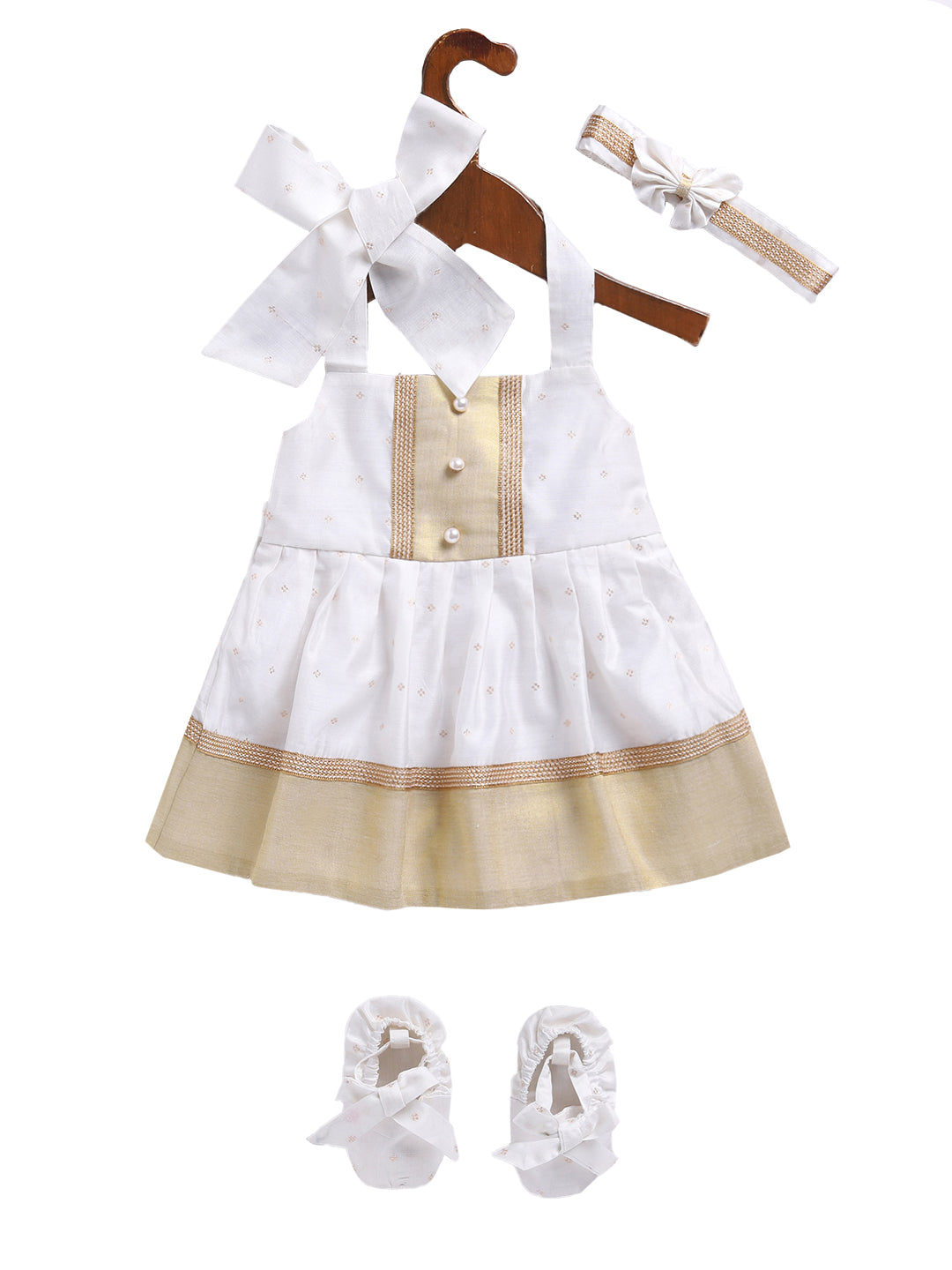 White Chanderi Onam Wear Girls Co-Ord Set