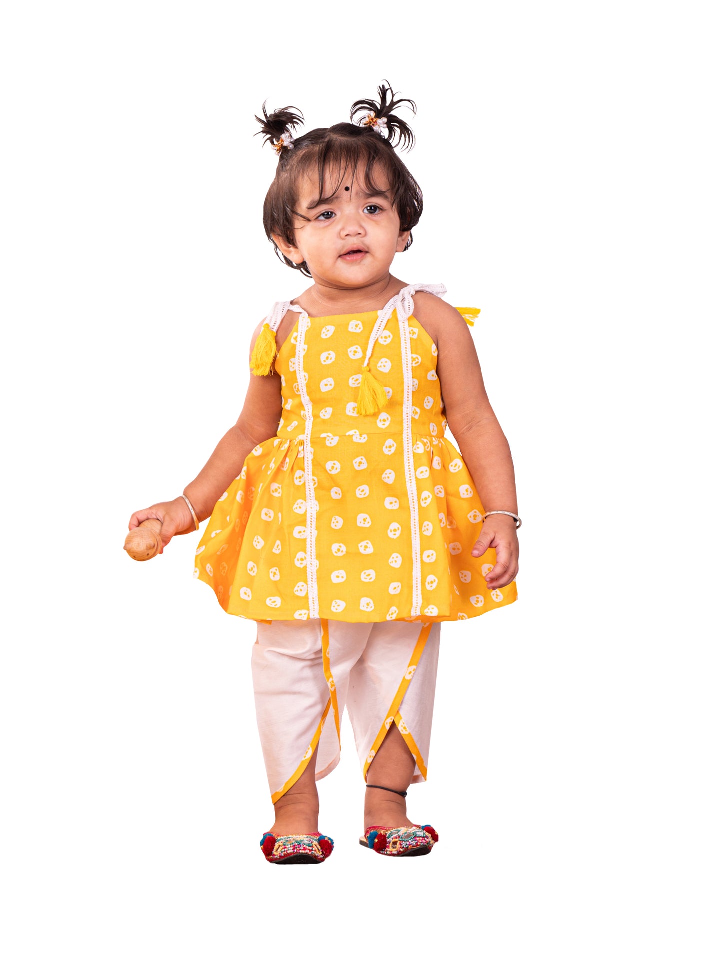 Yellow Cotton Blend Raksha Bandhan Wear Girls Dhoti Kurta Set