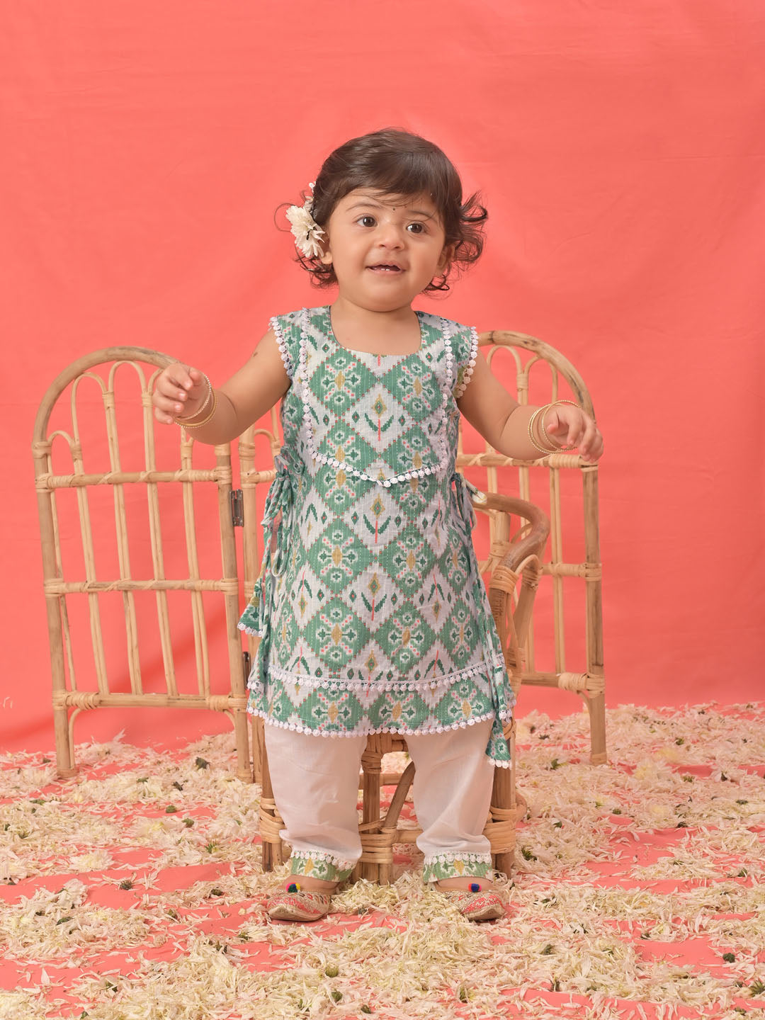 Green Cotton Diwali Wear Girls Kurta Set