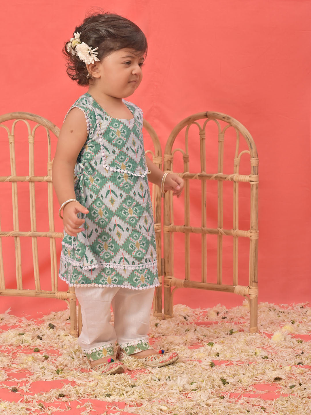 Green Cotton Diwali Wear Girls Kurta Set