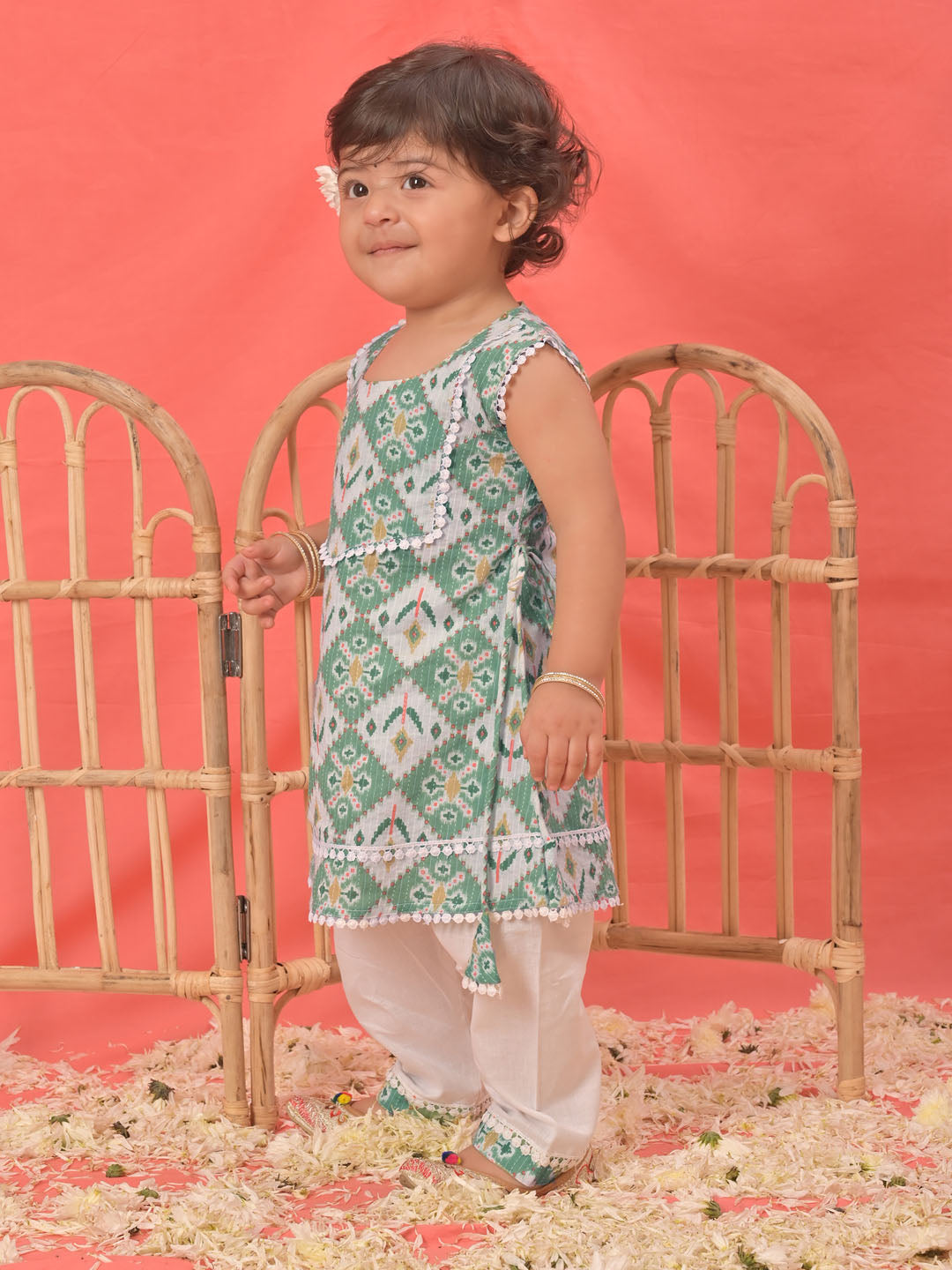 Green Cotton Diwali Wear Girls Kurta Set