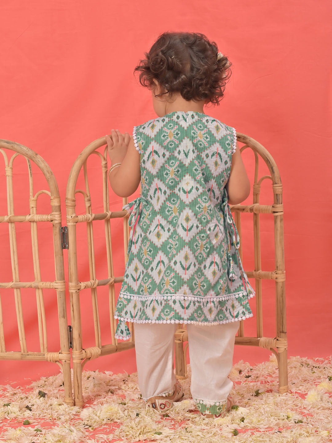 Green Cotton Diwali Wear Girls Kurta Set