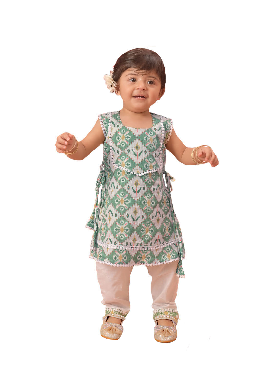 Green Cotton Diwali Wear Girls Kurta Set