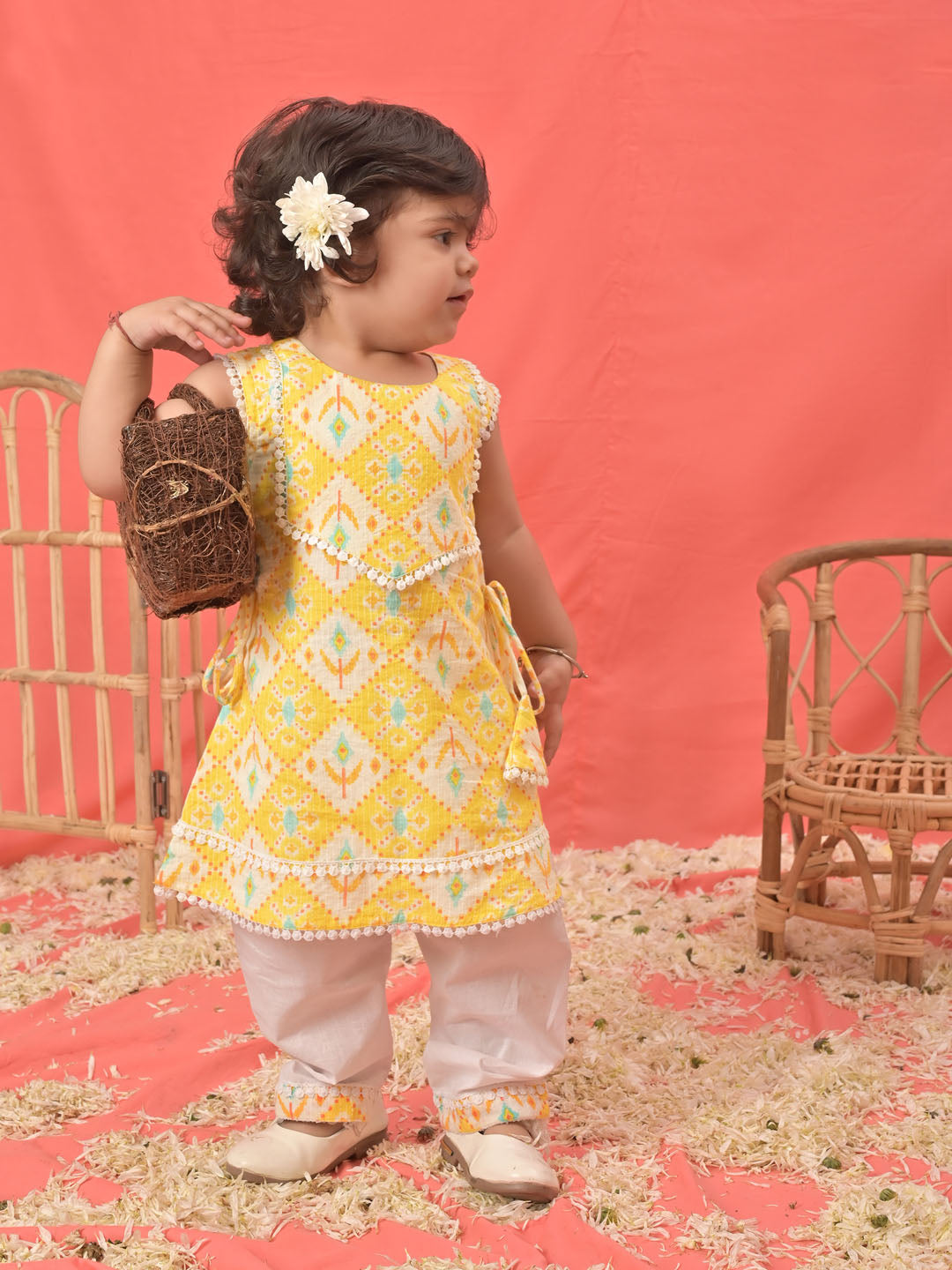 Yellow Cotton Diwali Wear Girls Kurta Set
