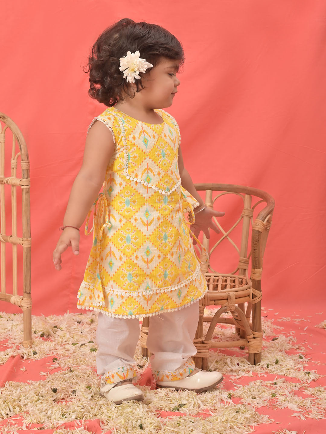 Yellow Cotton Diwali Wear Girls Kurta Set