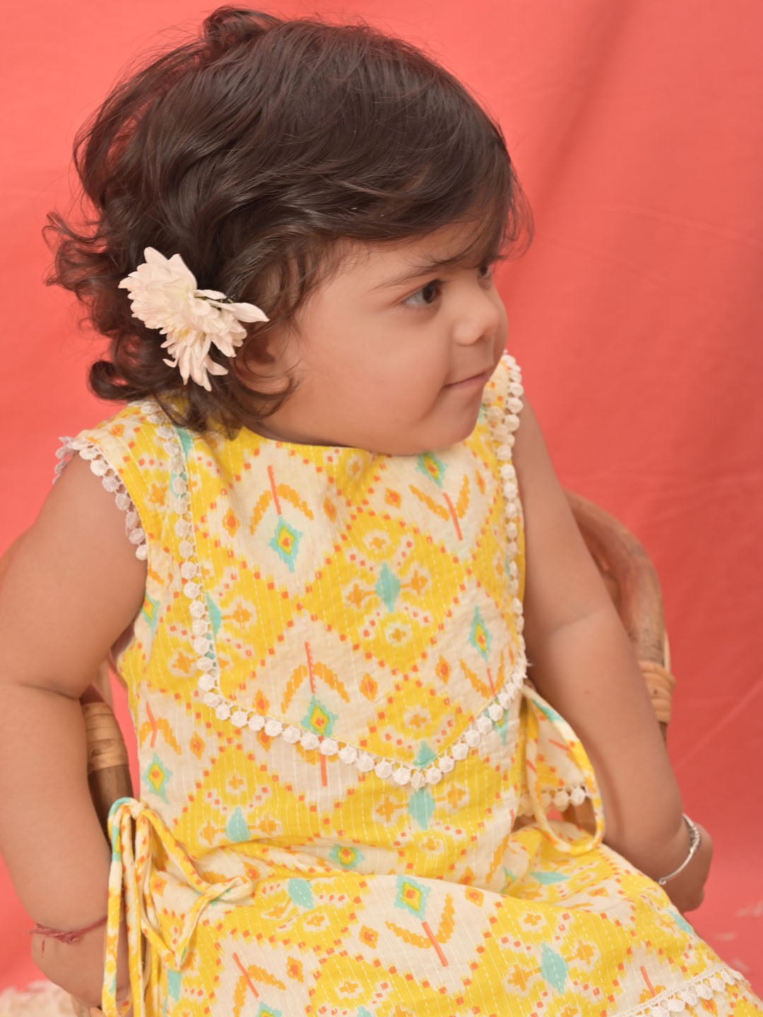 Yellow Cotton Diwali Wear Girls Kurta Set