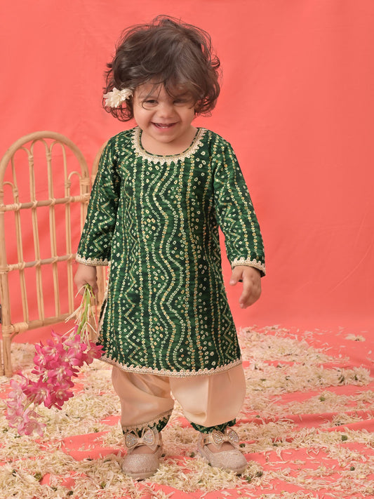 Green Rayon Wedding Wear Girls Kurta Set