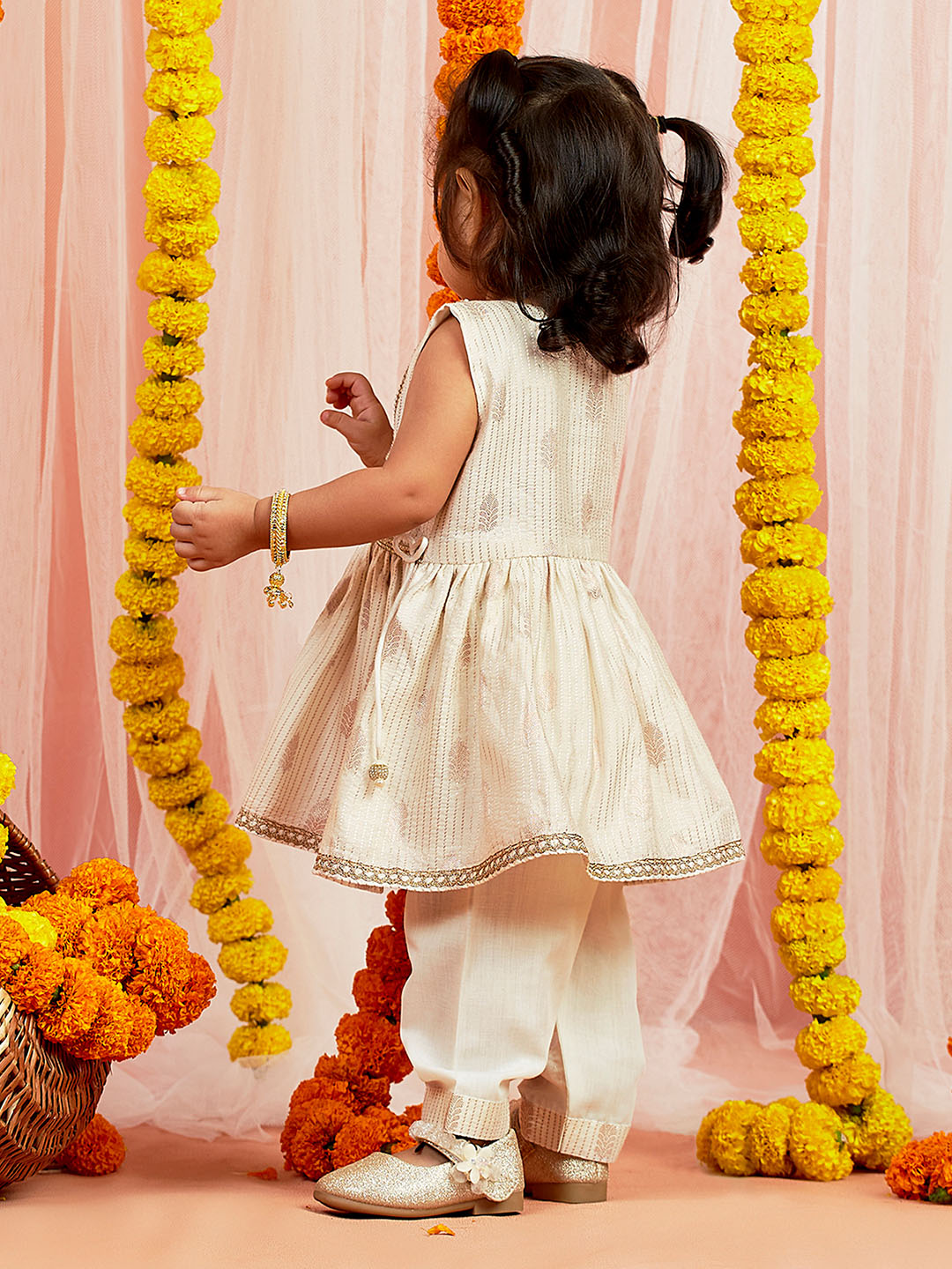 Cream Cotton Diwali Wear Girls Kurta Set
