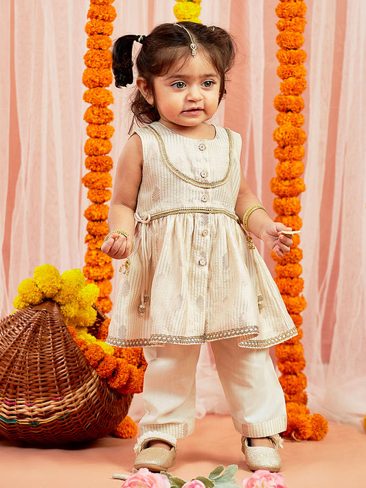 Cream Cotton Diwali Wear Girls Kurta Set