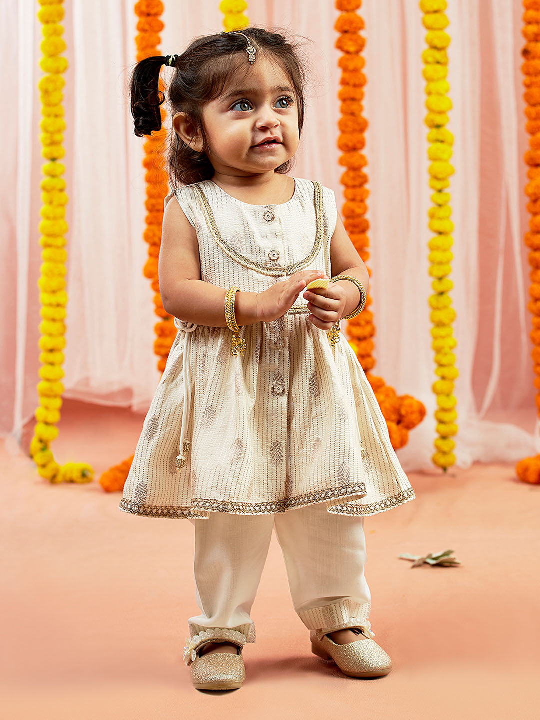 Cream Cotton Diwali Wear Girls Kurta Set