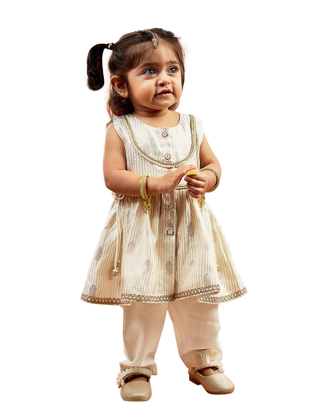 Cream Cotton Diwali Wear Girls Kurta Set