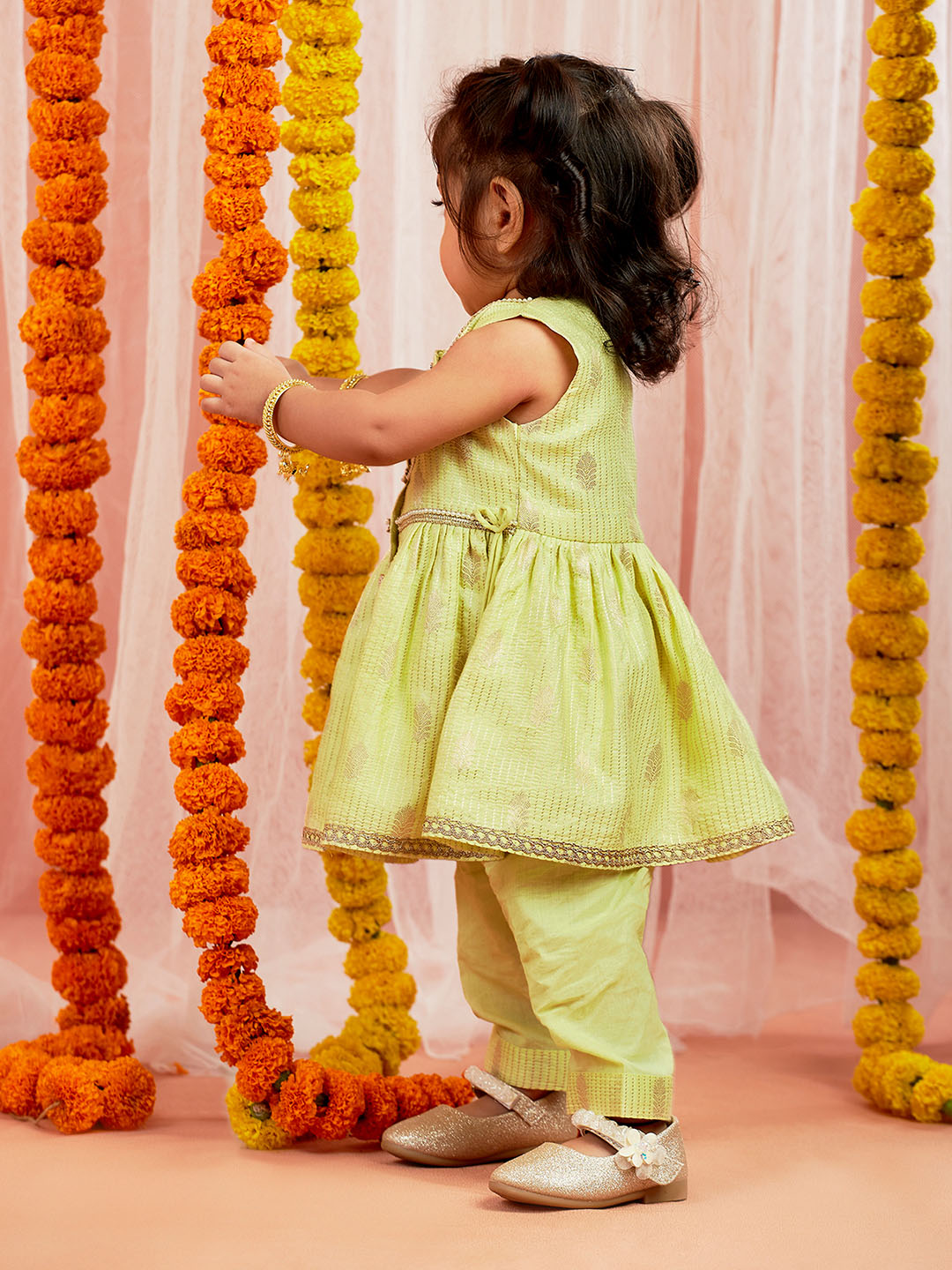 Mint Green Cotton Diwali Wear Girls Kurta Set