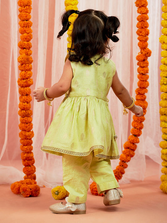 Mint Green Cotton Diwali Wear Girls Kurta Set