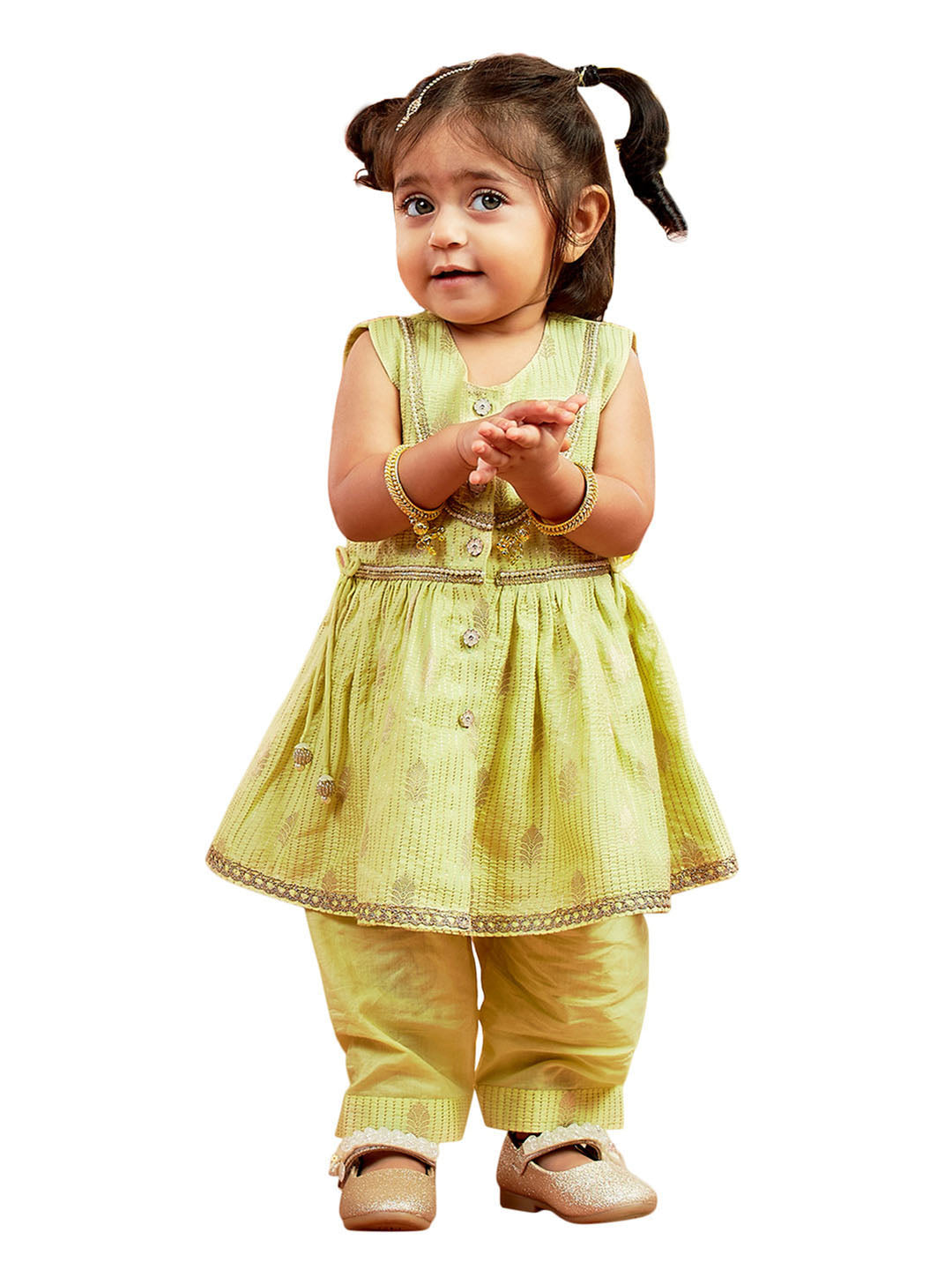 Mint Green Cotton Diwali Wear Girls Kurta Set