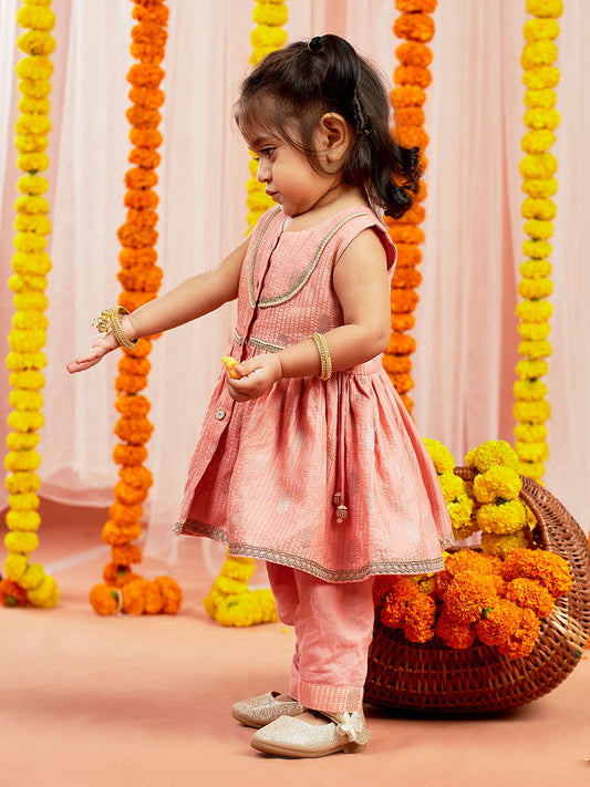Pink Cotton Diwali Wear Girls Kurta Set