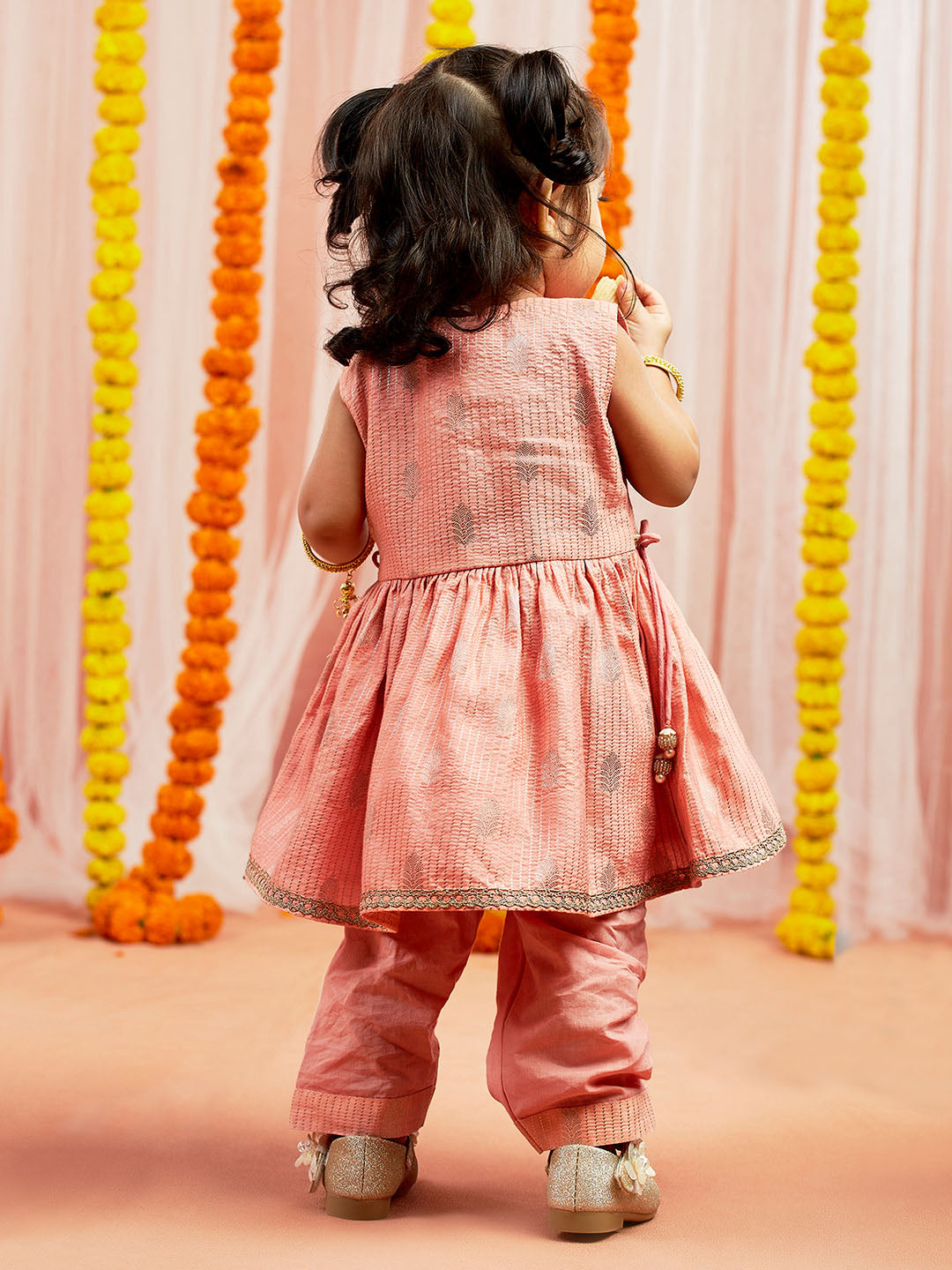 Pink Cotton Diwali Wear Girls Kurta Set