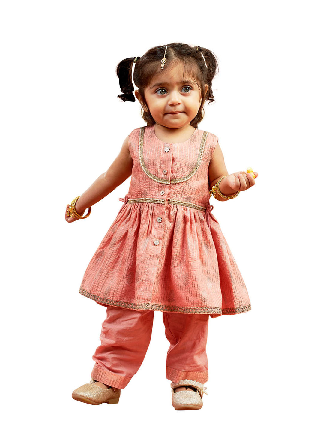 Pink Cotton Diwali Wear Girls Kurta Set