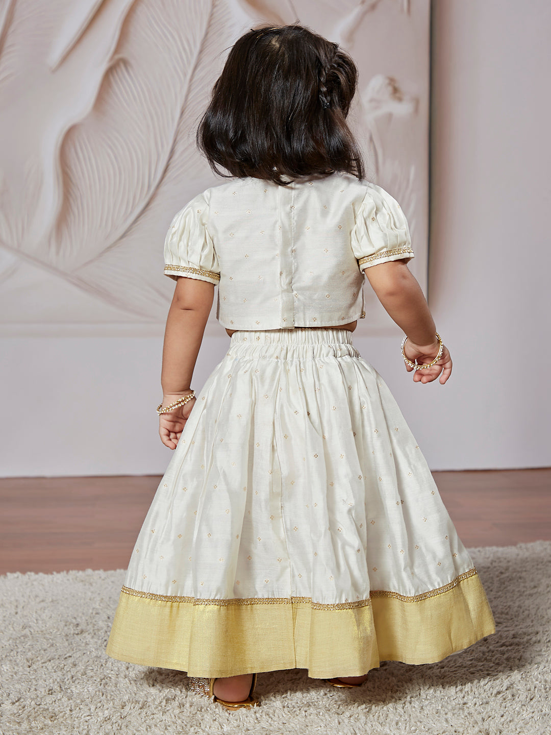 White Chanderi Onam Wear Girls Lehenga Choli Set
