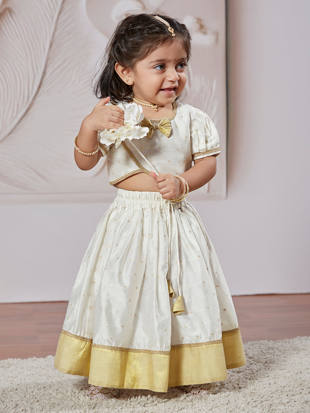 White Chanderi Onam Wear Girls Lehenga Choli Set