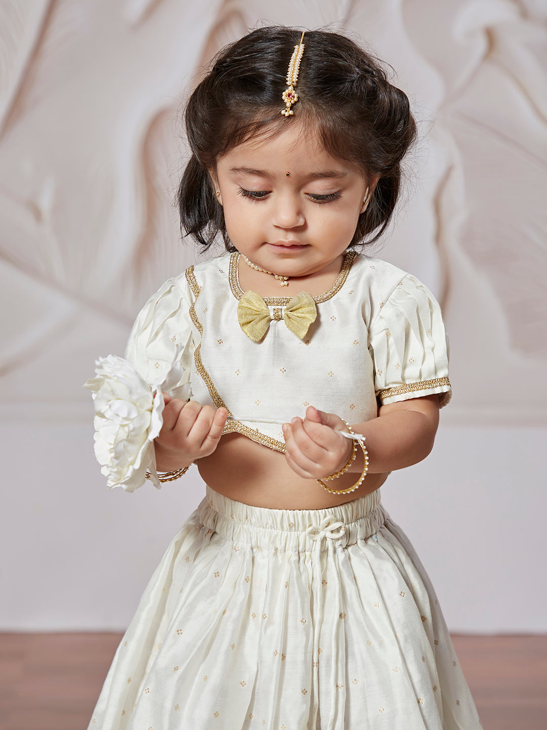 White Chanderi Onam Wear Girls Lehenga Choli Set