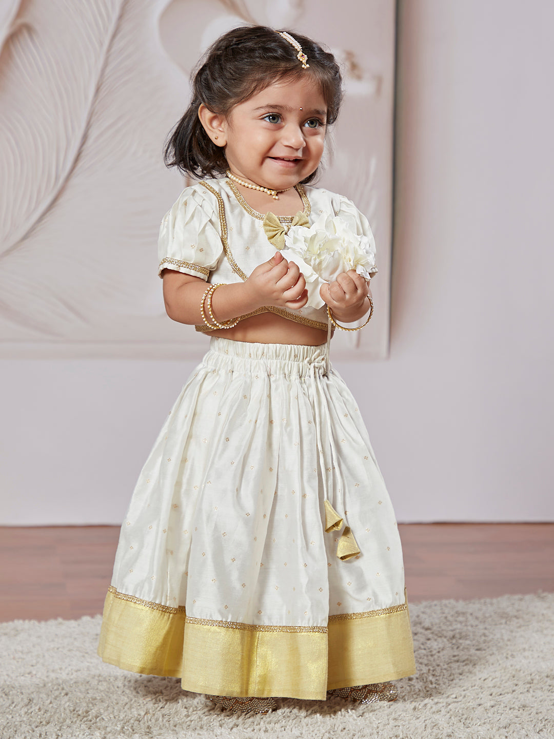 White Chanderi Onam Wear Girls Lehenga Choli Set