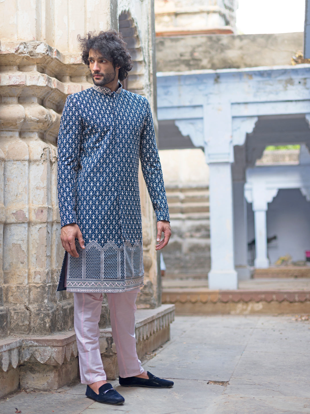 Navy Blue Silk Blend Wedding Wear Men's Indo Western Set