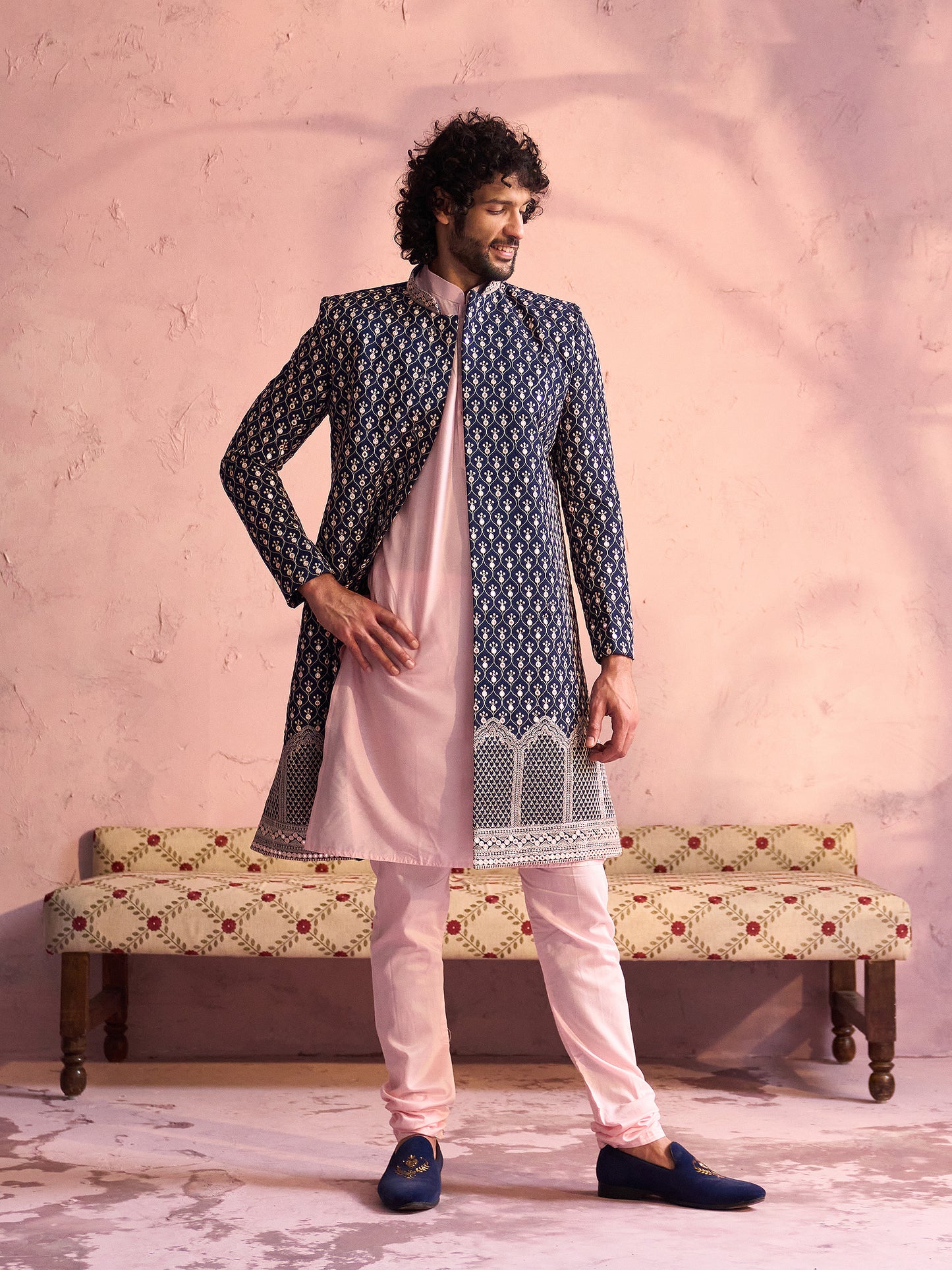 Navy Blue Silk Blend Wedding Wear Men's Indo Western Set