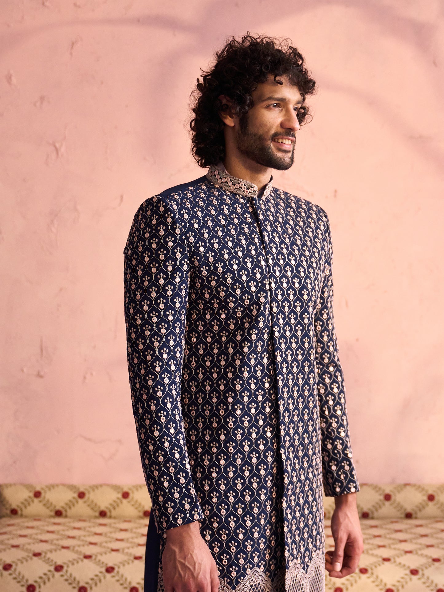 Navy Blue Silk Blend Wedding Wear Men's Indo Western Set