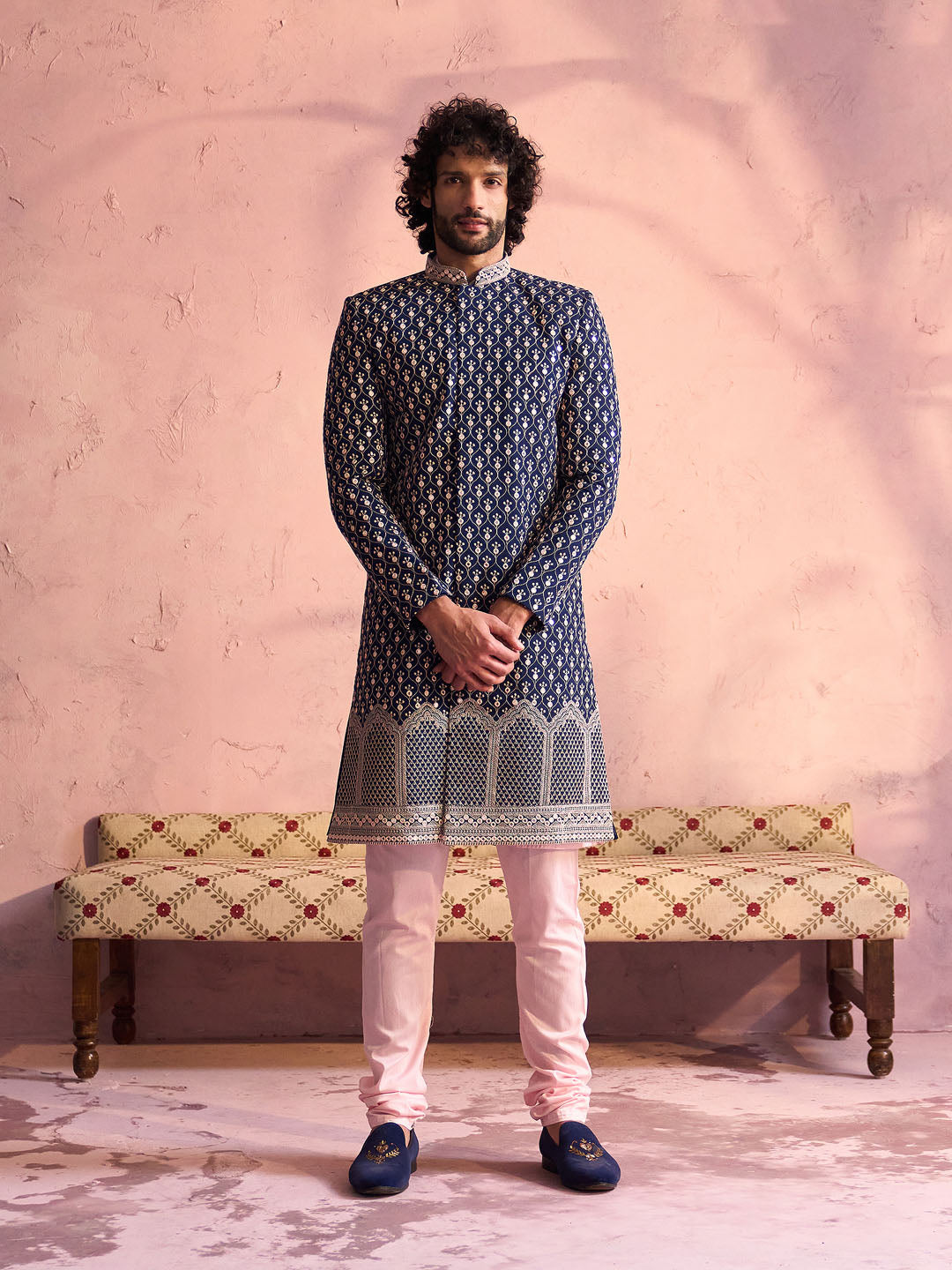 Navy Blue Silk Blend Wedding Wear Men's Indo Western Set