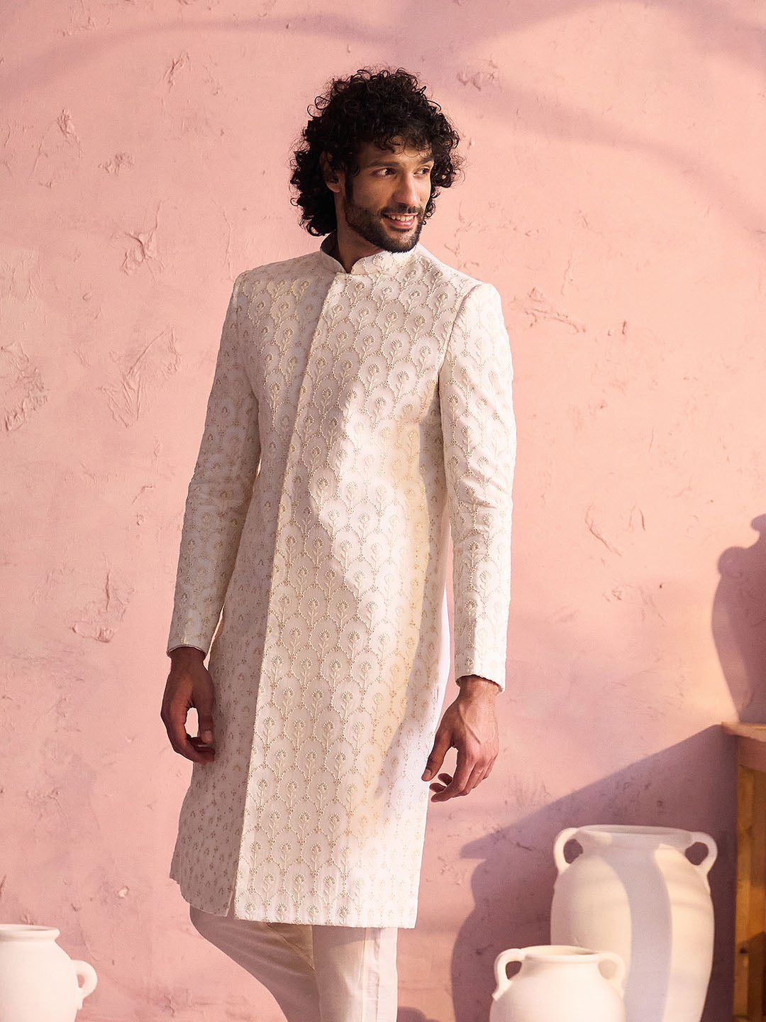 Cream Silk Blend Wedding Men's Indo Western