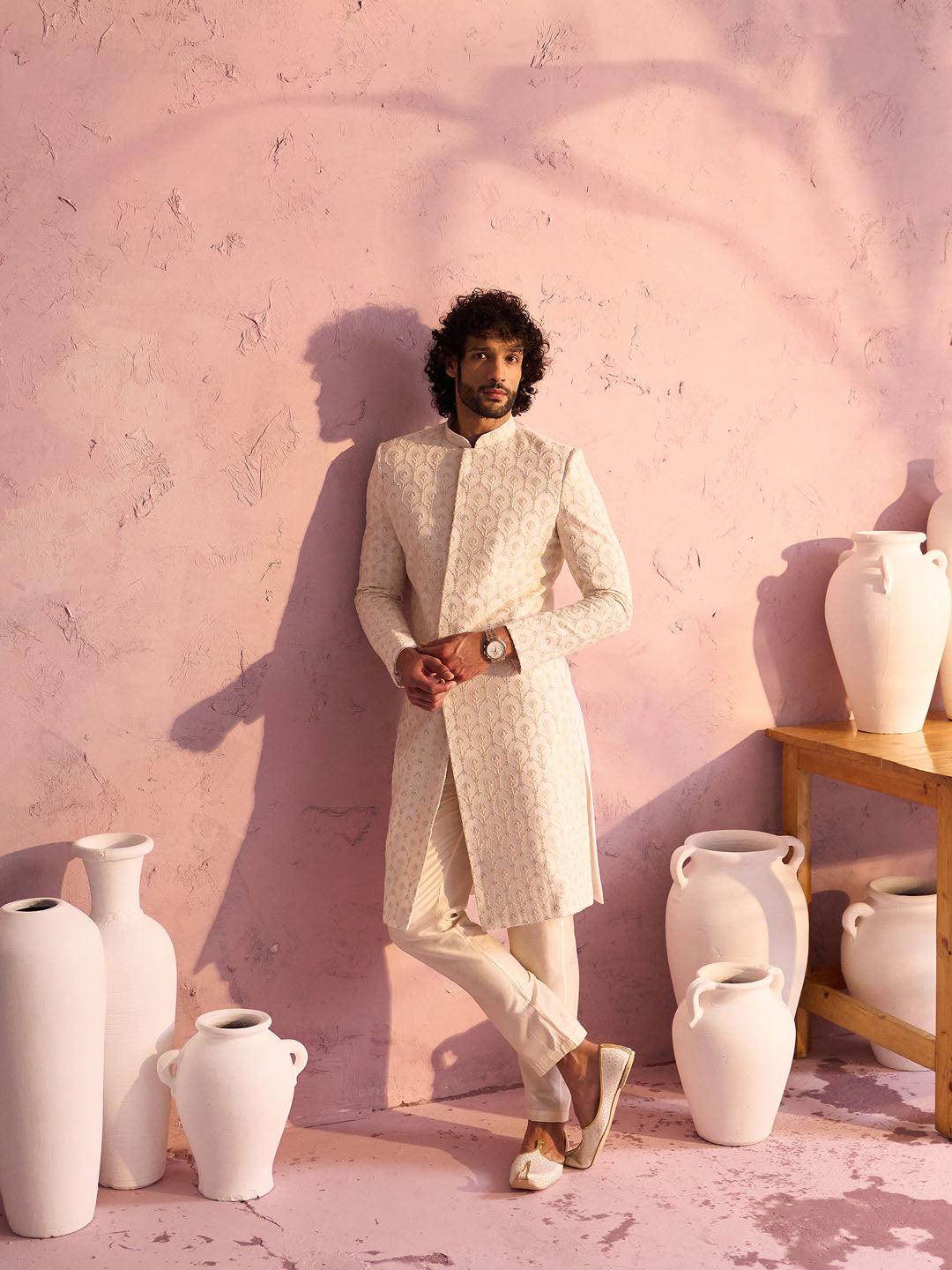 Cream Silk Blend Wedding Men's Indo Western