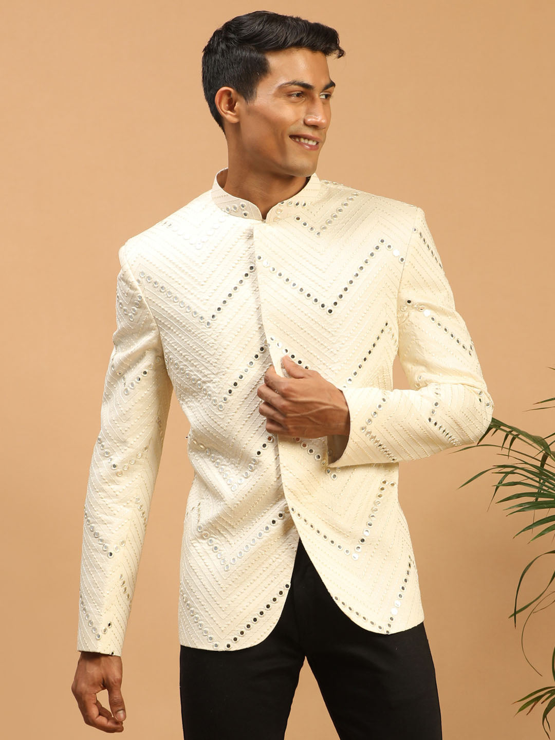 Cream Sequins Silk Blend Festival Men's Jacket