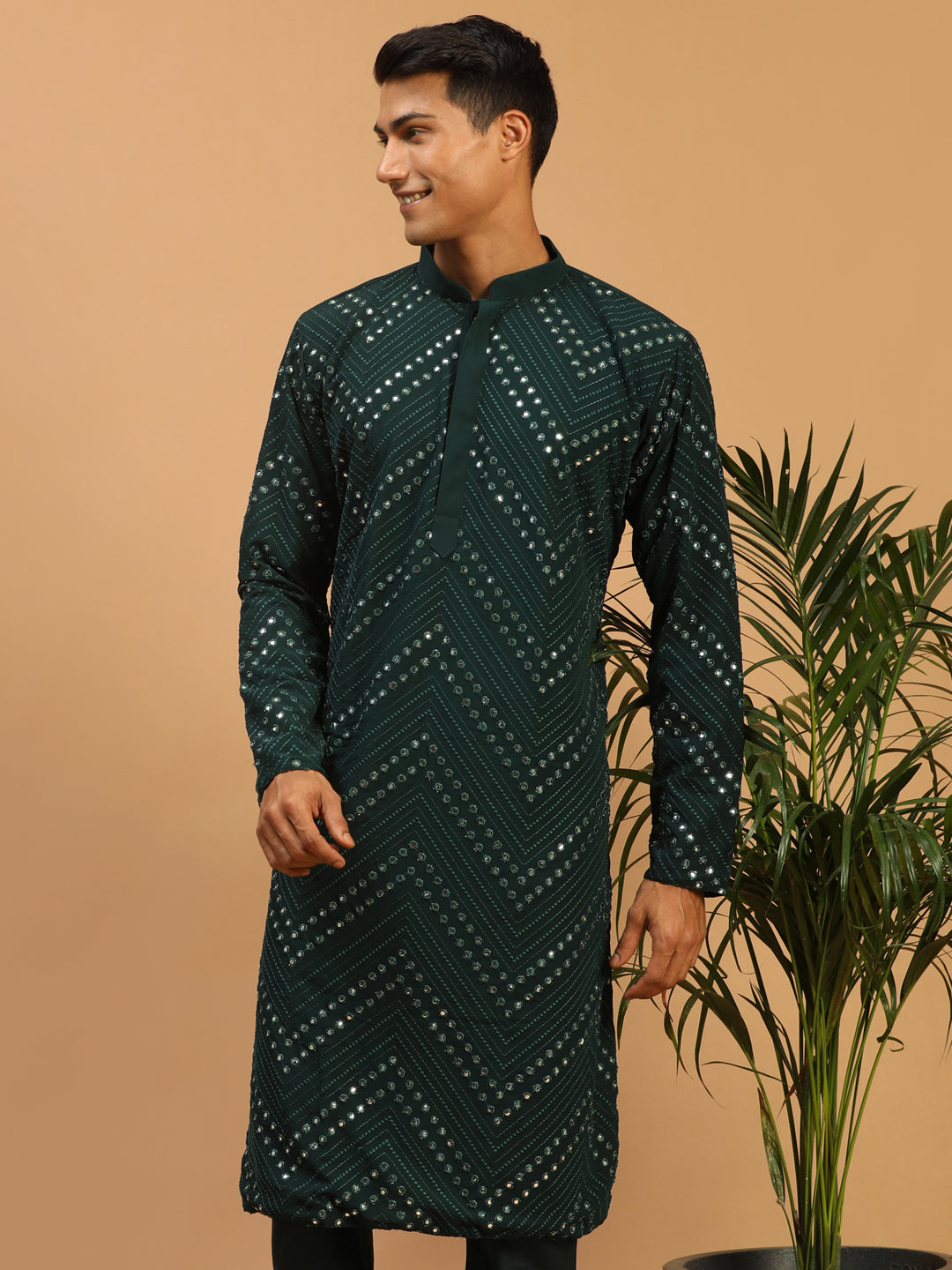 Bottle Green Georgette Wedding Men's Kurta