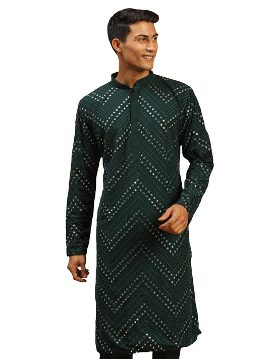 Bottle Green Georgette Wedding Men's Kurta