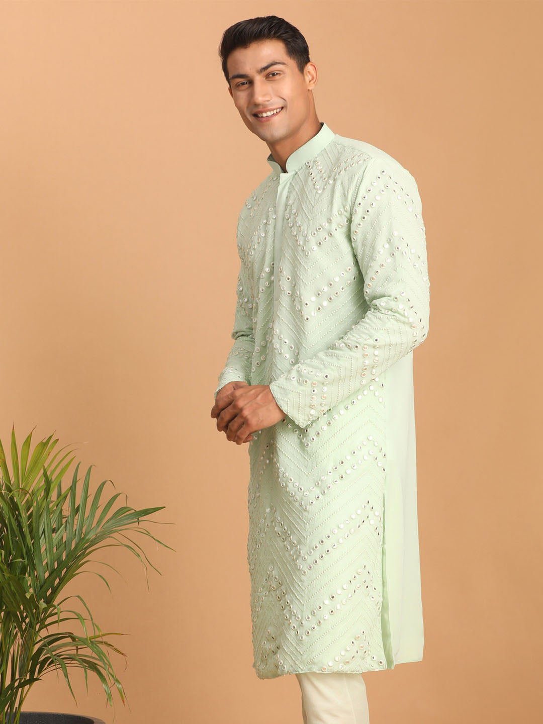 Mint Green Georgette Wedding Men's Kurta