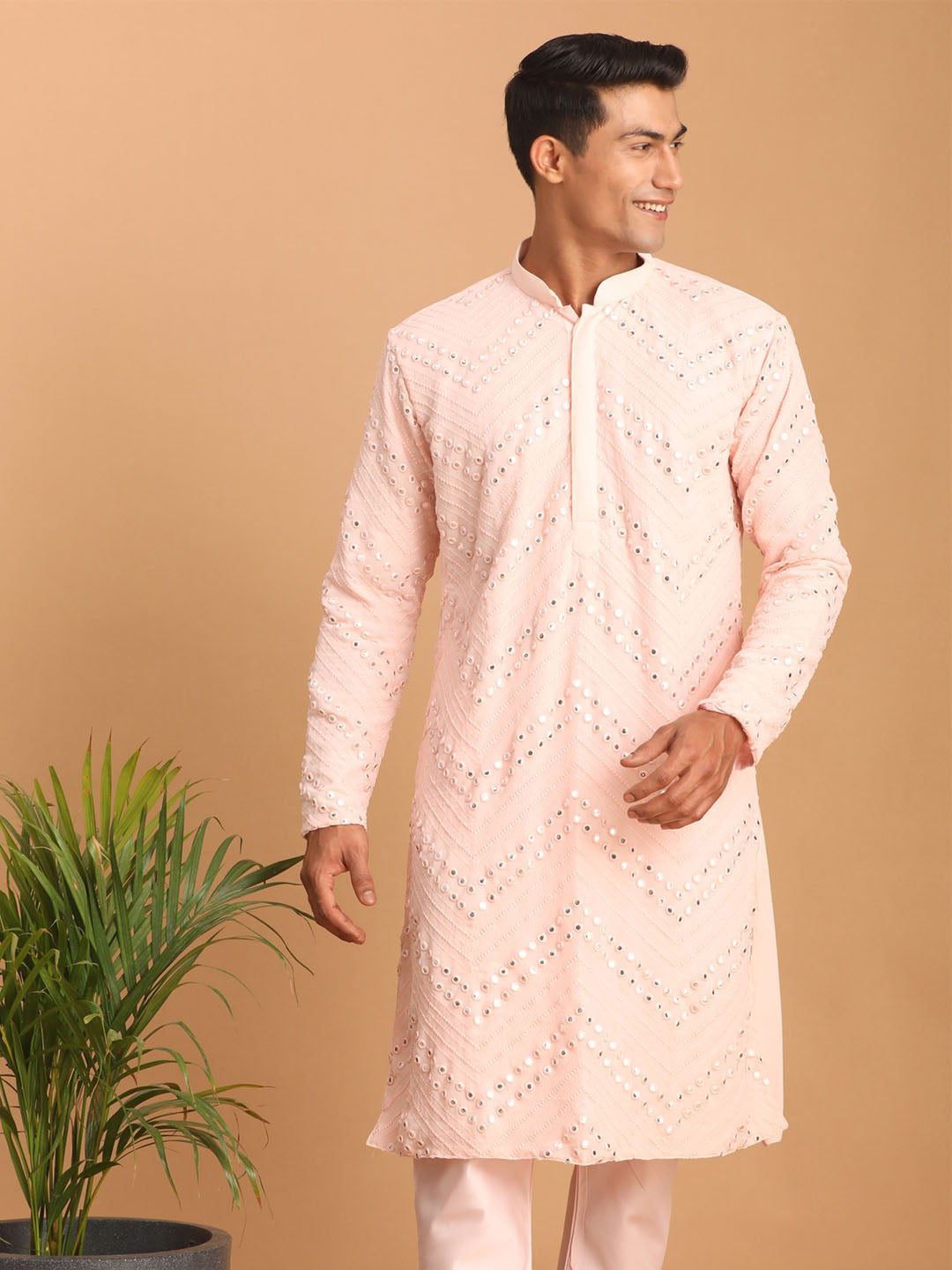 Pink Georgette Wedding Men's Kurta