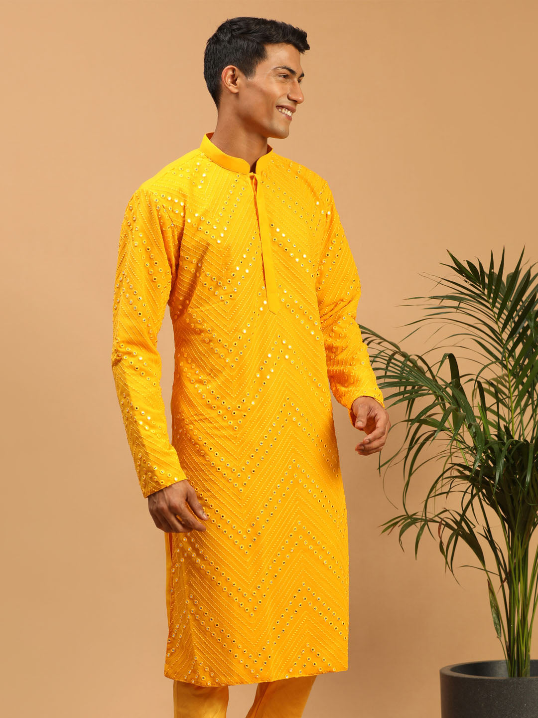 Yellow Georgette Wedding Men's Kurta