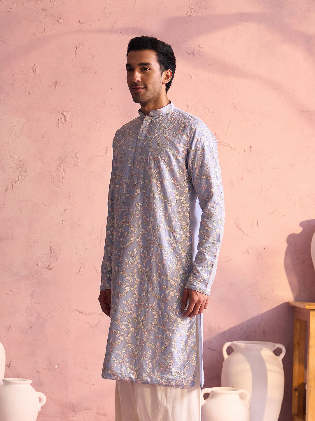 Powder Blue Georgette Wedding Men's Kurta