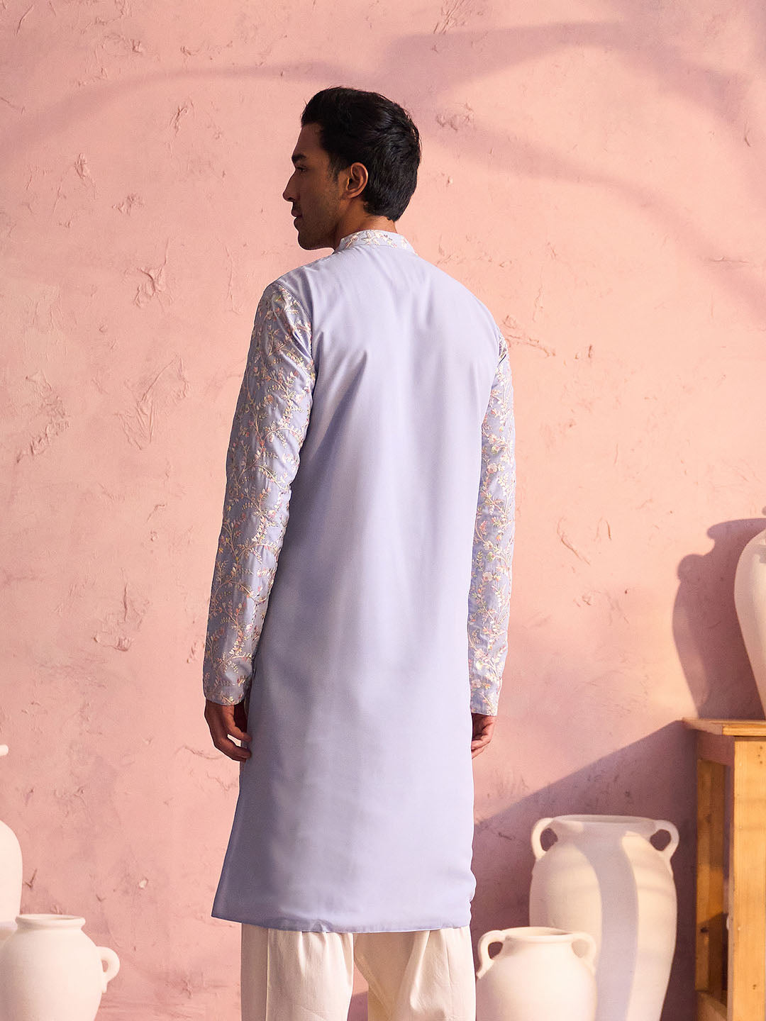 Powder Blue Georgette Wedding Men's Kurta