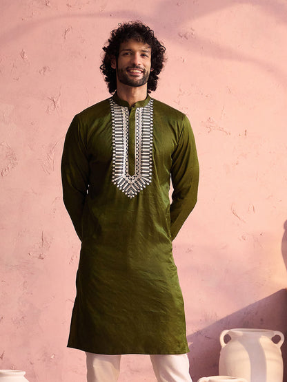 Mehendi Green Viscose Wedding Men's Kurta