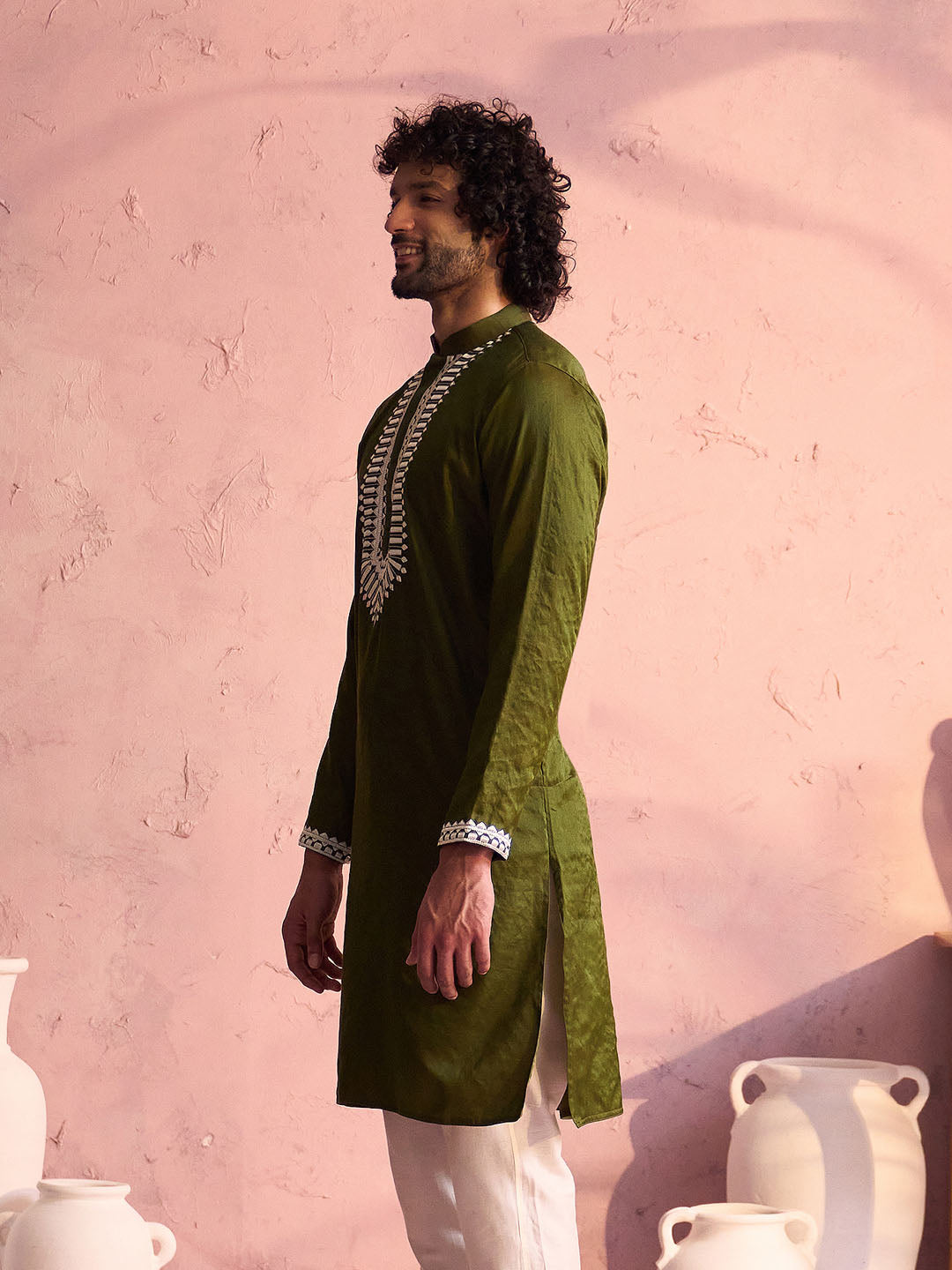 Mehendi Green Viscose Wedding Men's Kurta