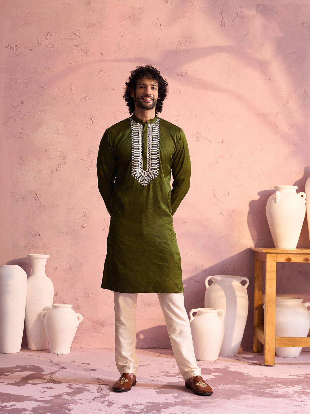 Mehendi Green Viscose Wedding Men's Kurta
