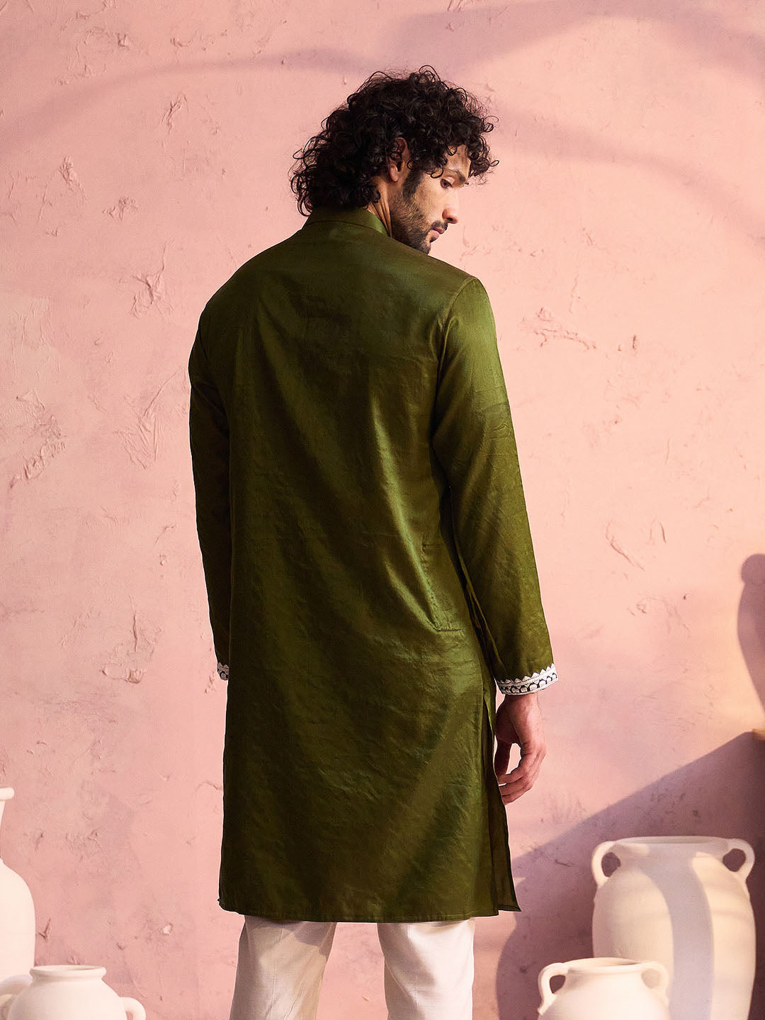 Mehendi Green Viscose Wedding Men's Kurta