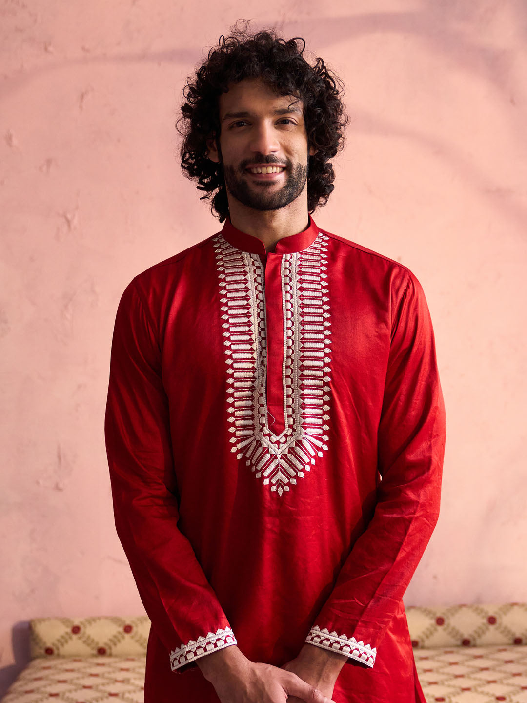Red Viscose Wedding Men's Kurta