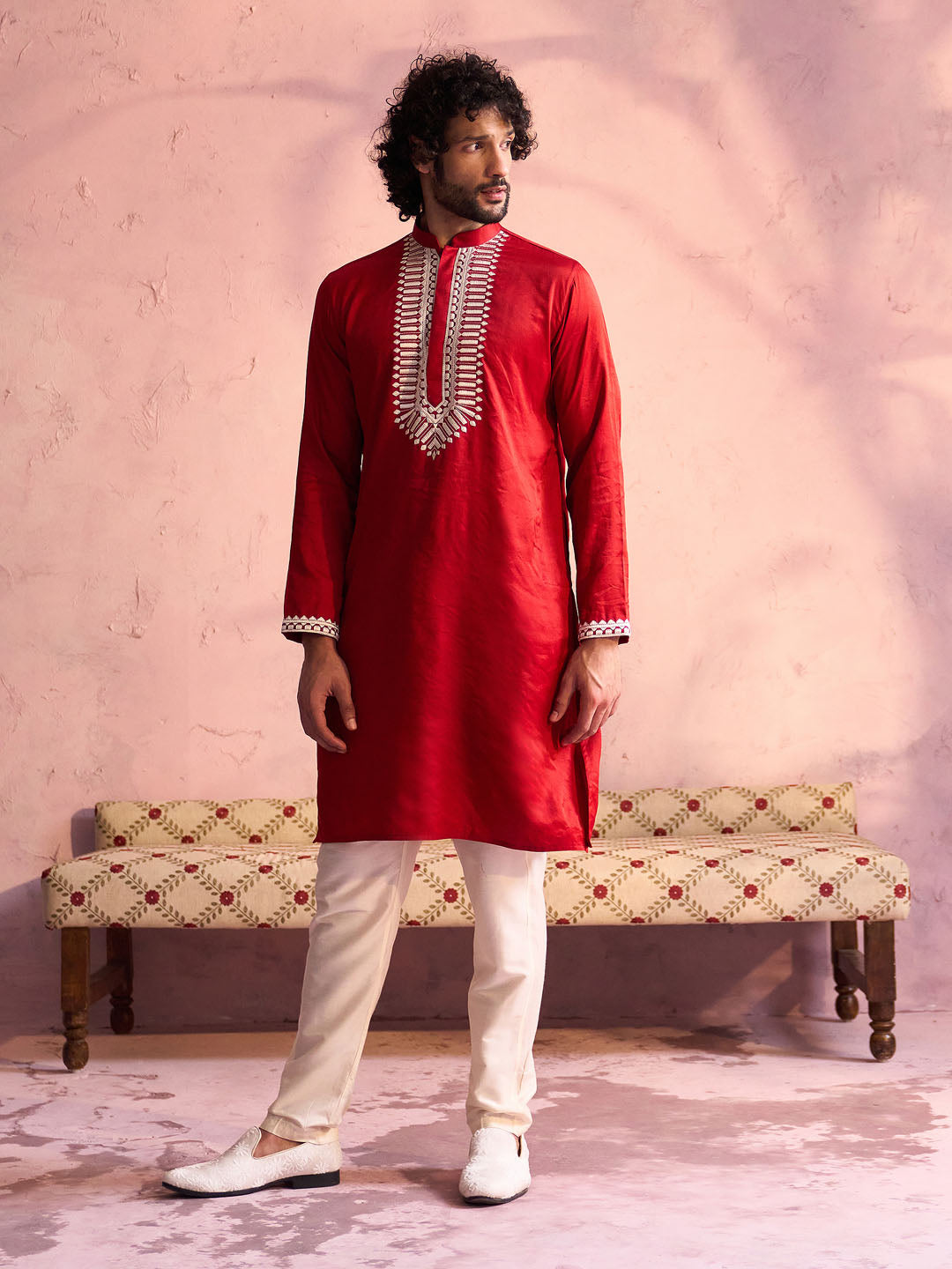 Red Viscose Wedding Men's Kurta