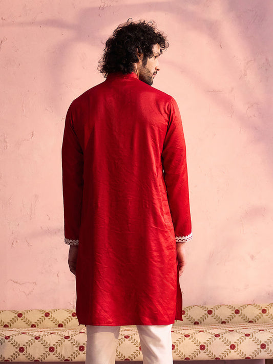 Red Viscose Wedding Men's Kurta
