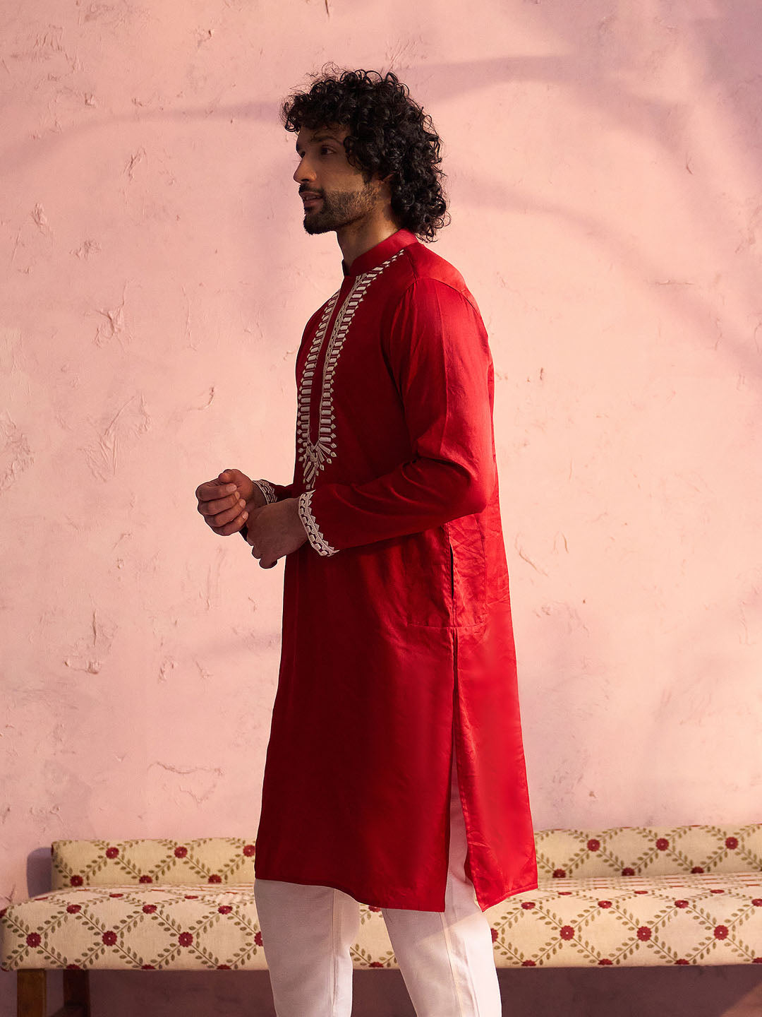Red Viscose Wedding Men's Kurta