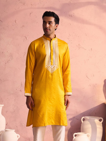Yellow Viscose Wedding Men's Kurta