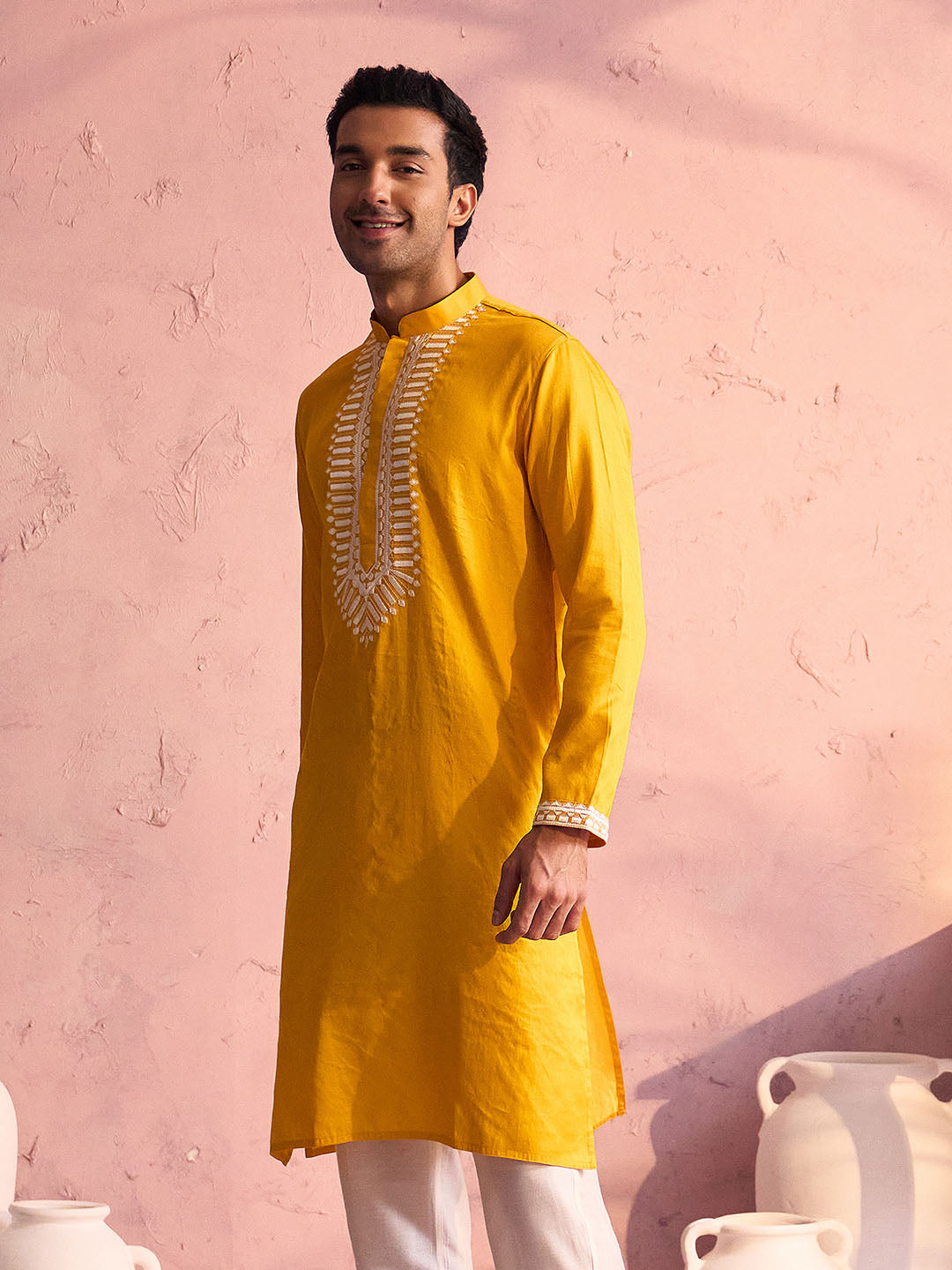 Yellow Viscose Wedding Men's Kurta